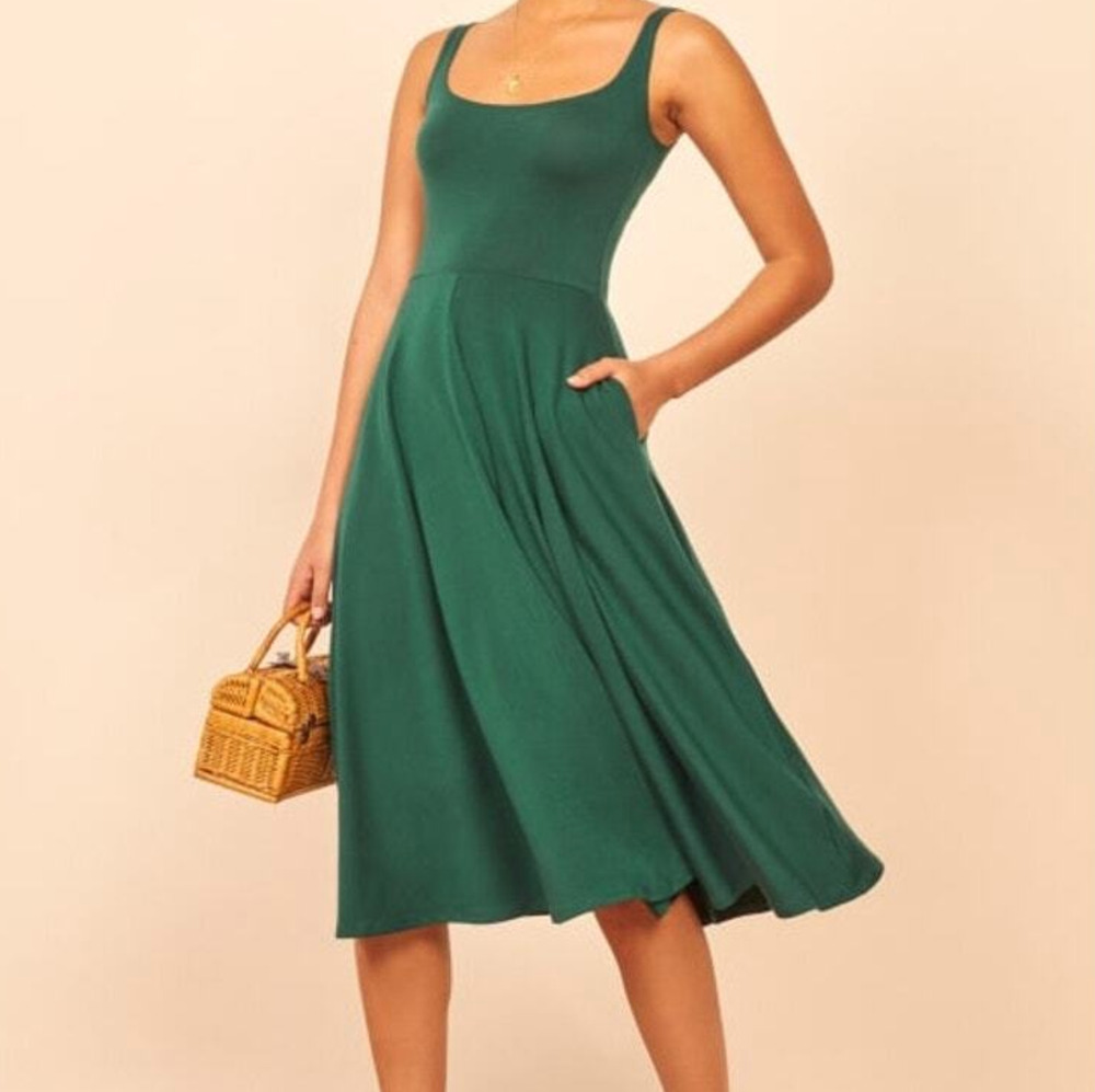 Reformation Jeans Rou Knit Scoop Neck Pockets Emerald Green Flare Dress M Tencel